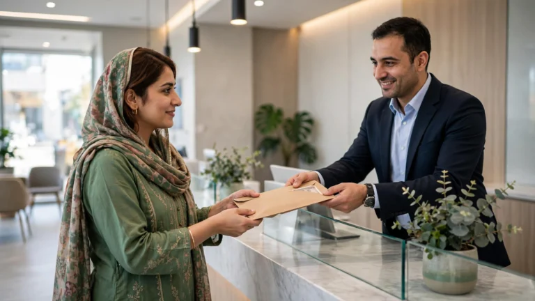 Pakistani woman receiving BISP cash payment at a payment counter