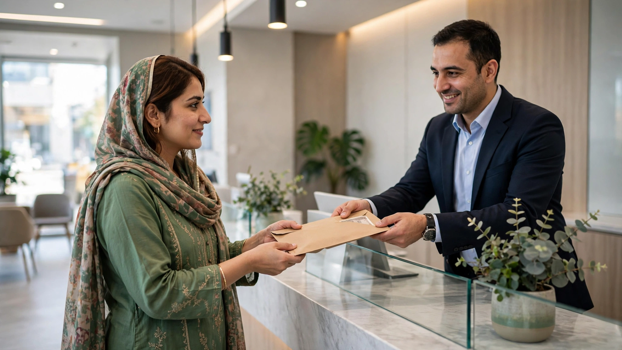 Pakistani woman receiving BISP cash payment at a payment counter