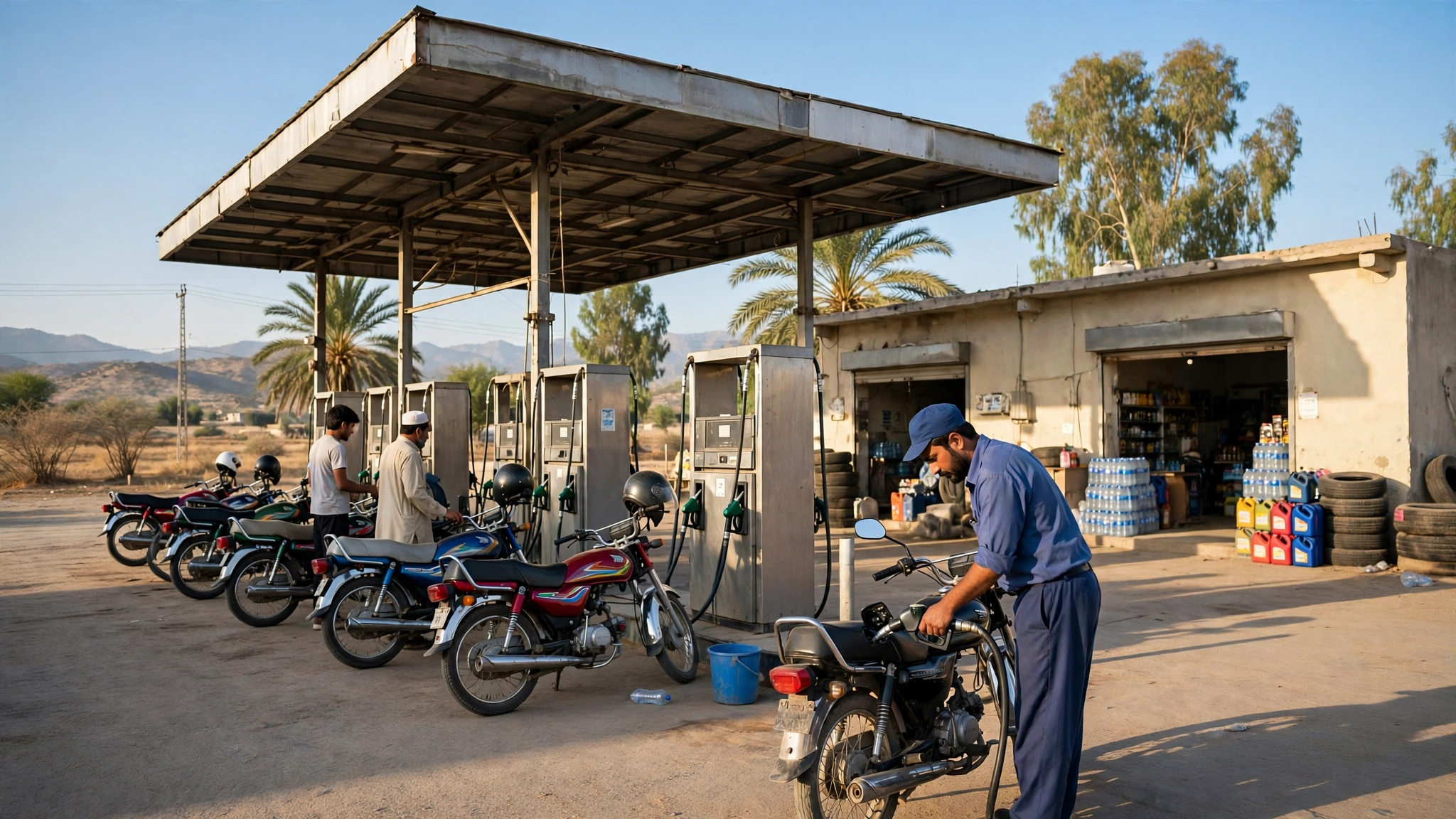 Motorcycles refueling at a petrol station in Pakistan — PM Fuel Relief Scheme 9771